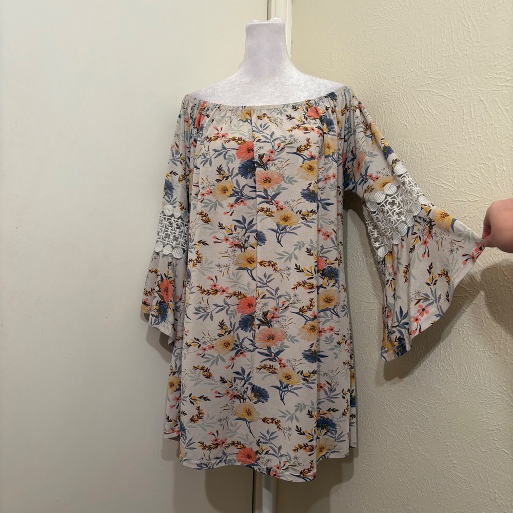 Floral Pinwheel Sleeve Tunic Off Shoulder Bell Sleeve Top Fairycore Boho L-XL